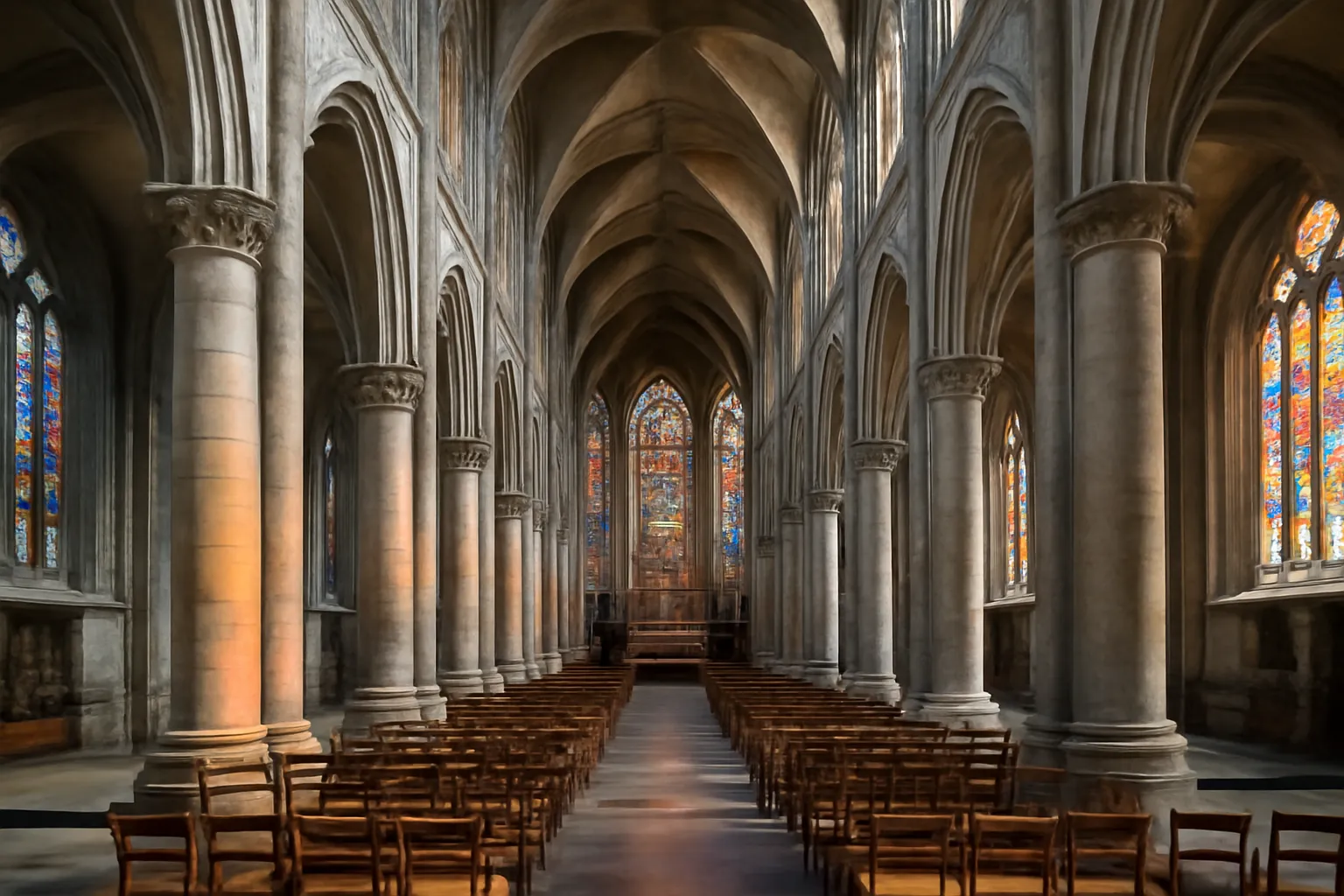 Intérieur gothique de la basilique de Saint-Hubert, hauts piliers de pierre et lumière des vitraux