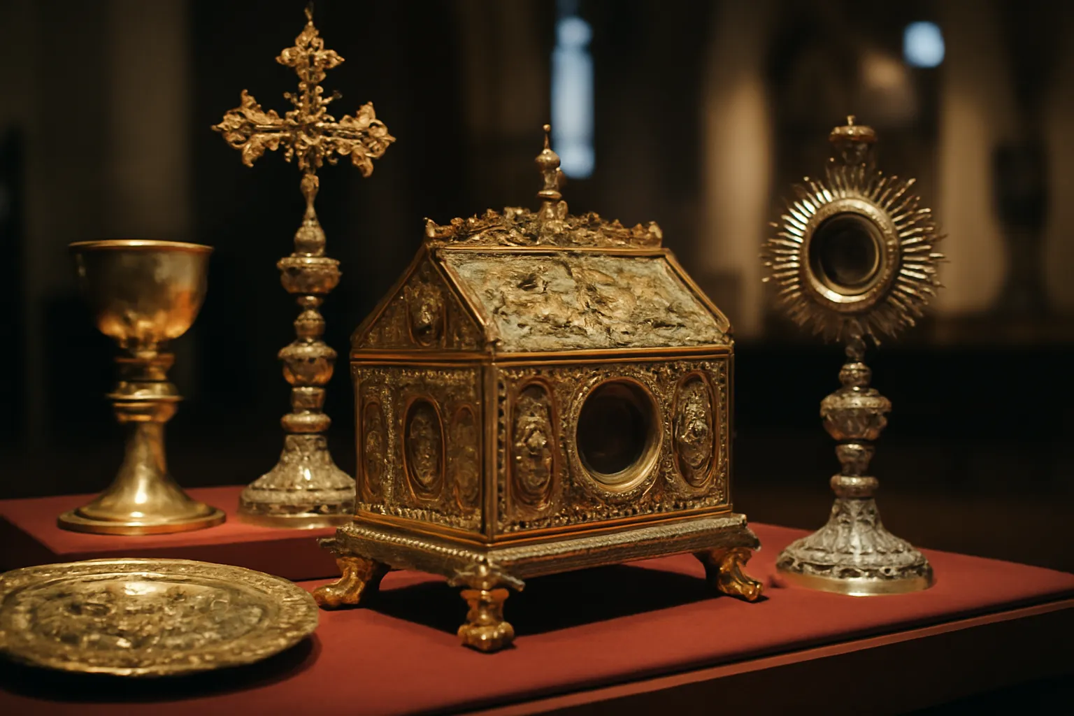 Reliquaire médiéval en orfèvrerie précieuse exposé dans le trésor d'une basilique
