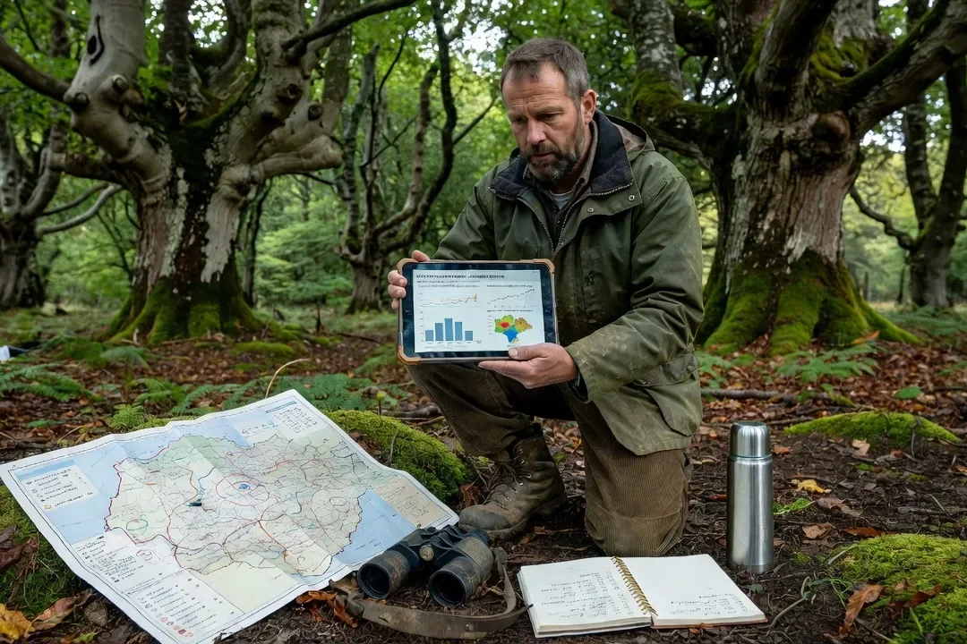 Garde forestier consultant des données de population de gibier en lisière de forêt ardennaise
