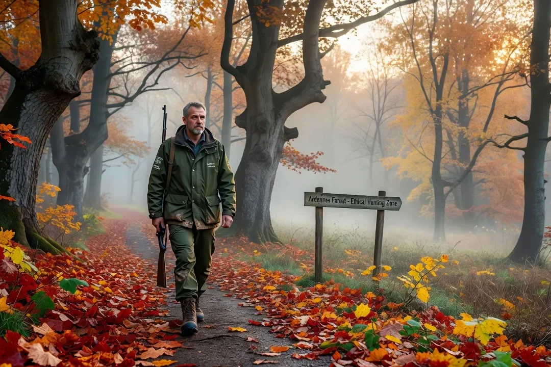 Chasseur en tenue éthique marchant respectueusement dans une forêt ardennaise à l'aube