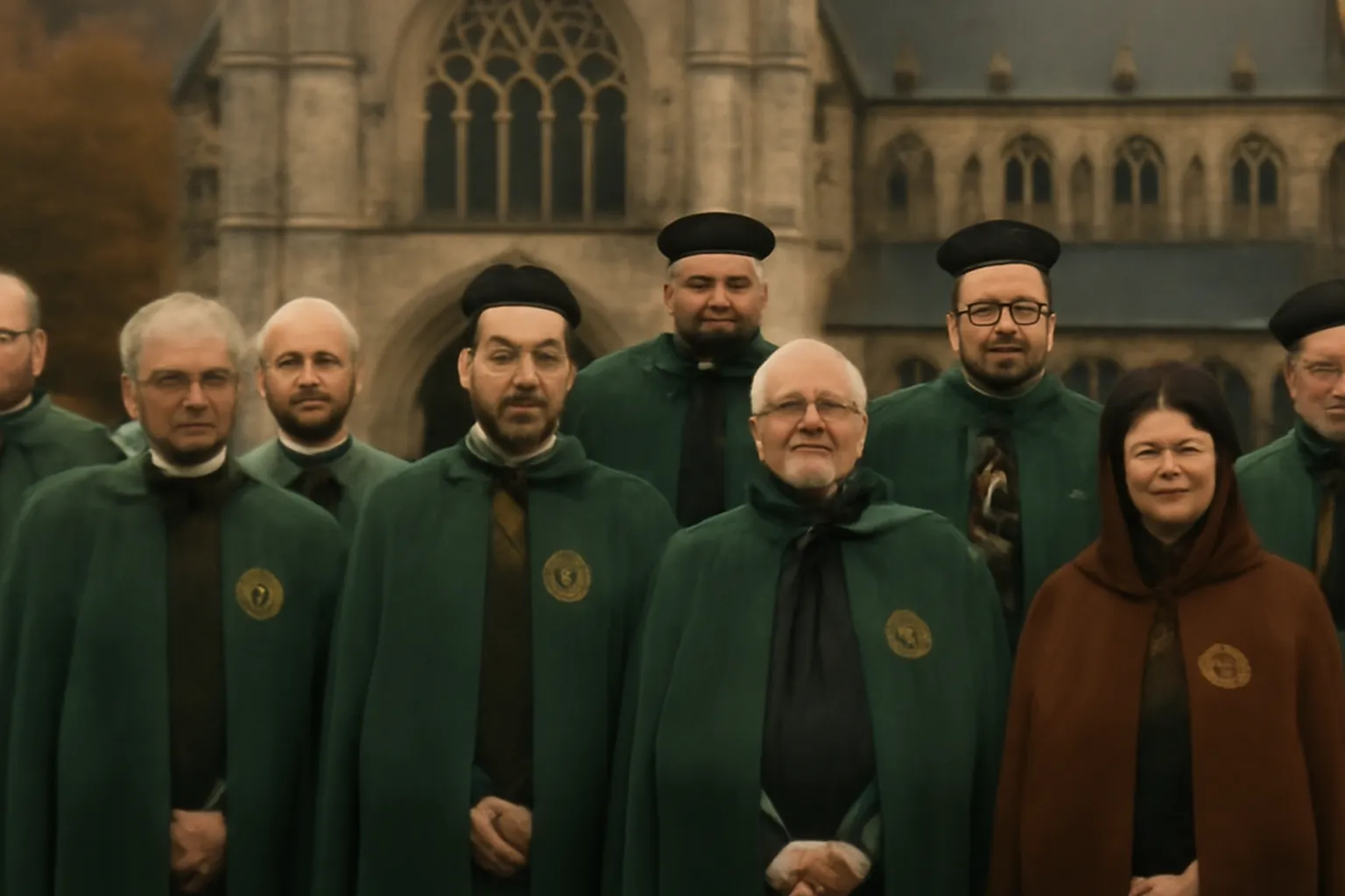 Insignes et médailles traditionnelles d'une confrérie de Saint-Hubert présentés lors d'une cérémonie d'intronisation