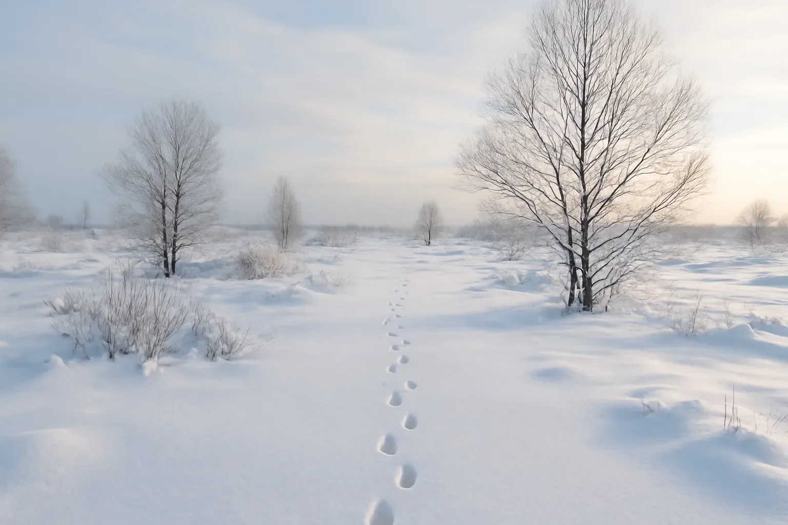Paysage enneigé du plateau des Hautes Fagnes avec traces d'animaux dans la neige fraîche