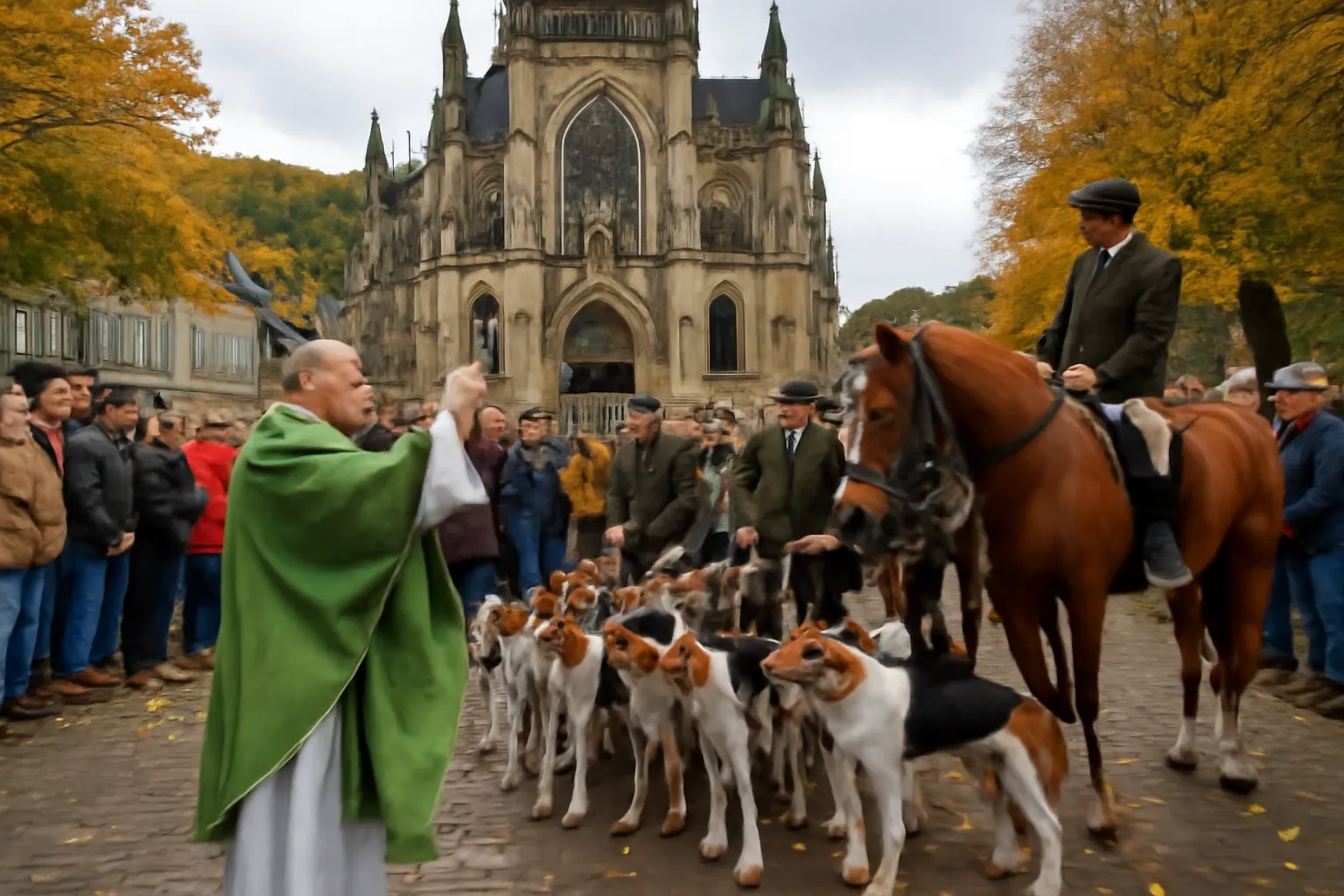 Bénédiction des chiens de chasse et des chevaux sur le parvis d'une basilique en Ardennes belges