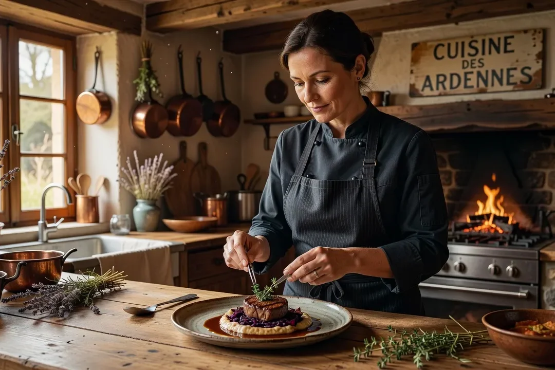 Cheffe dressant un plat de gibier dans une cuisine rustique ardennaise