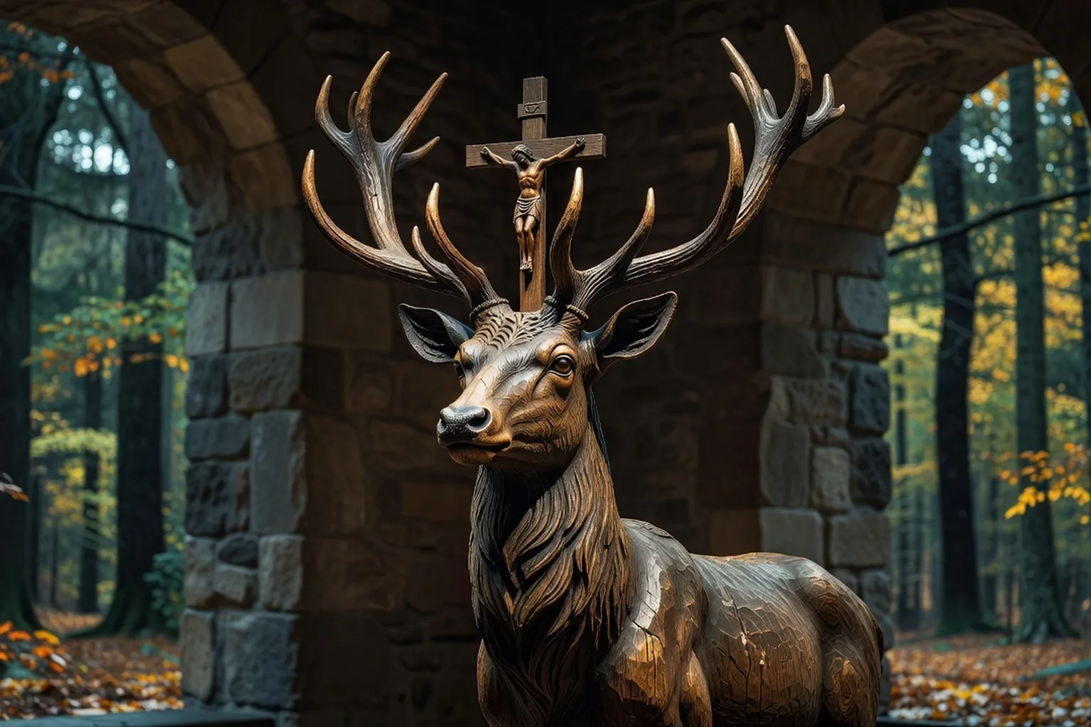 Vitrail représentant la conversion de saint Hubert et le cerf crucifère dans une église des Ardennes