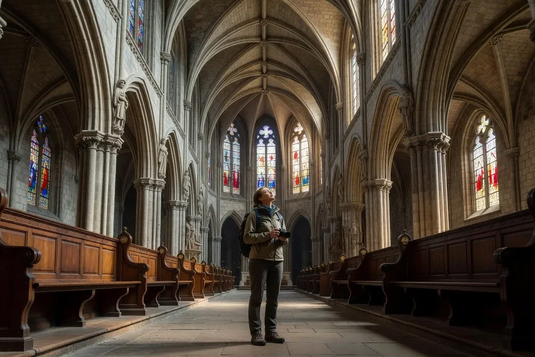 Visiteuse admirant l'intérieur gothique de la basilique de Saint-Hubert, lumière filtrée par les vitraux