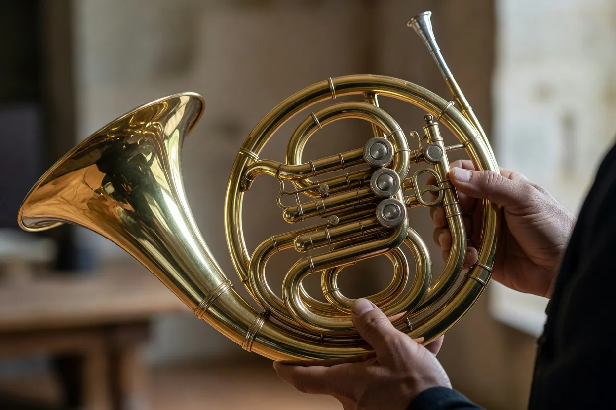 Détail d'une trompe de chasse traditionnelle en cuivre poli, instrument enroulé porté en bandoulière