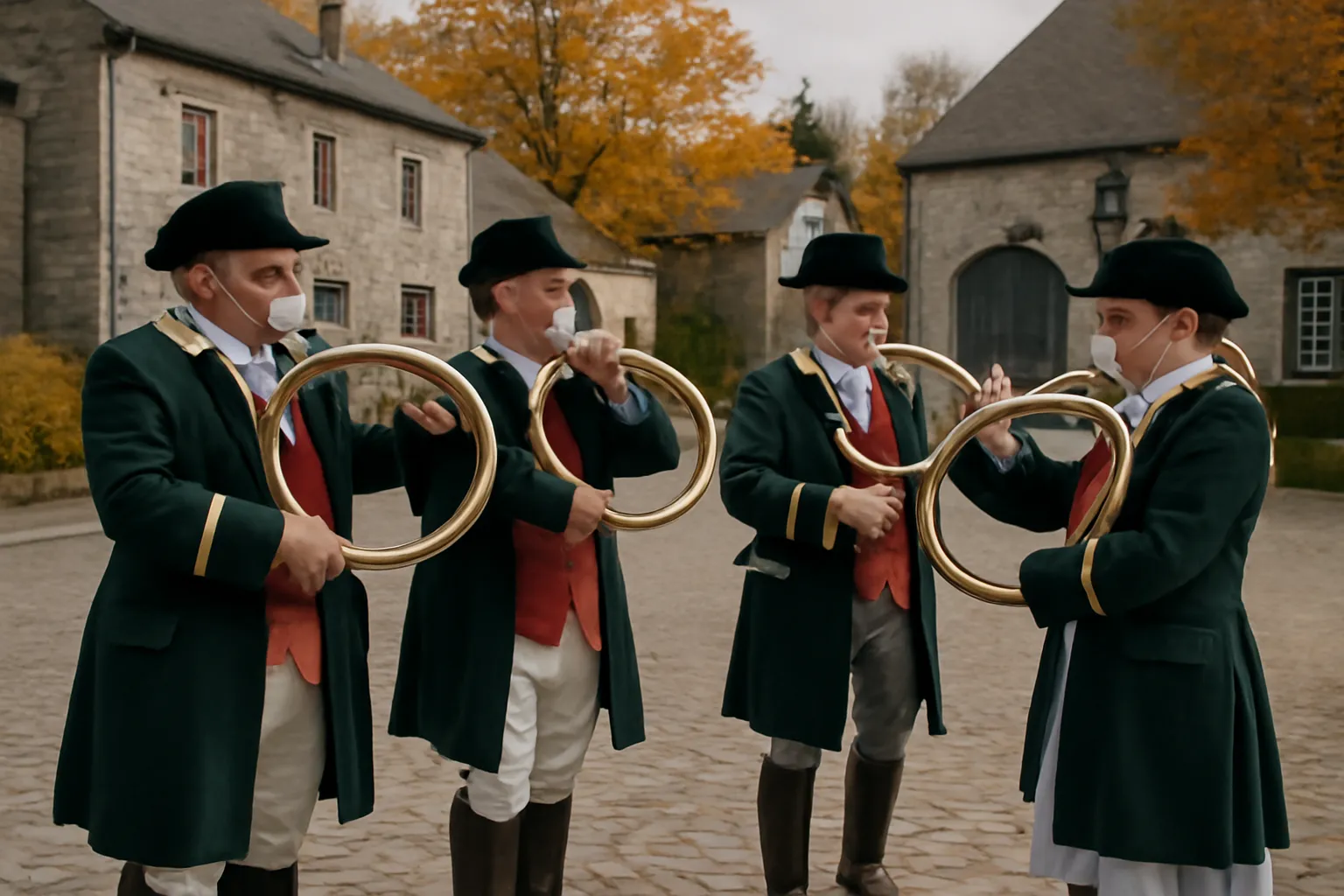 Groupe de sonneurs de trompe en livrée traditionnelle répétant ensemble sur une place de village ardennais