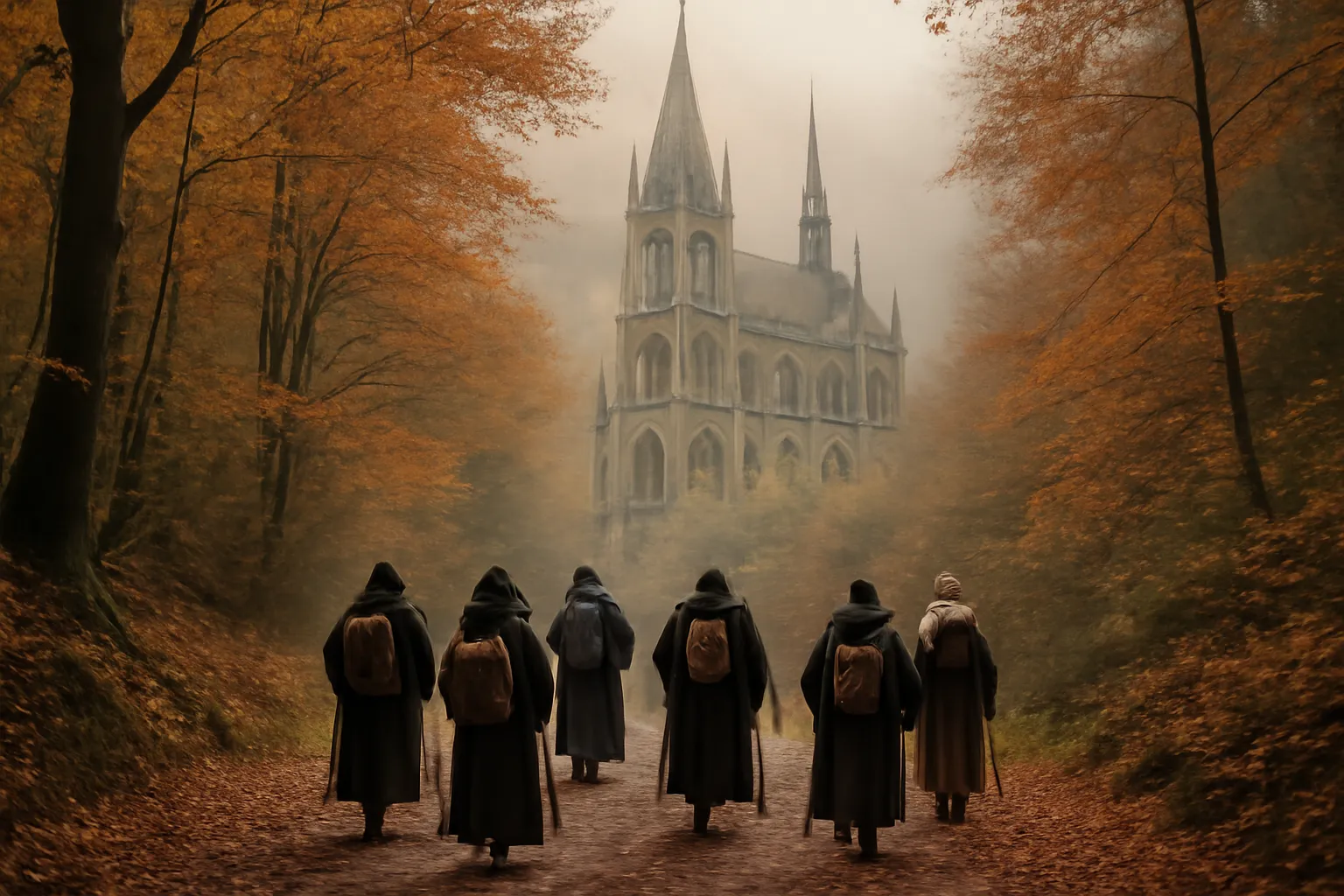 Pèlerins marchant sur un chemin forestier vers la basilique de Saint-Hubert dans les Ardennes belges