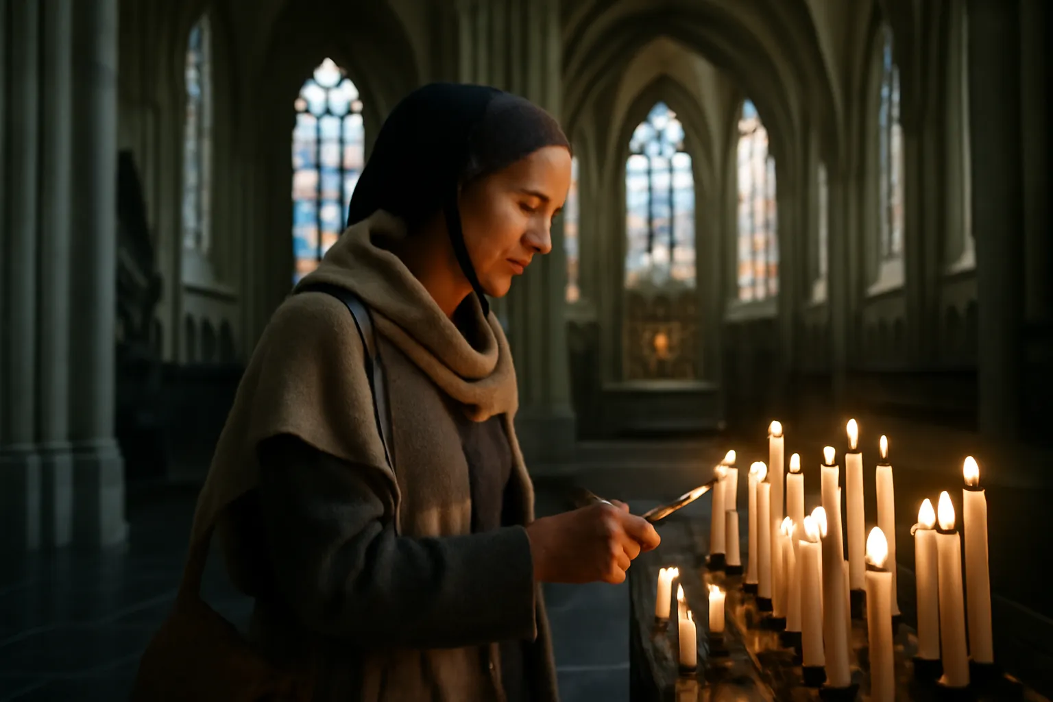 Pèlerine allumant une bougie à l'intérieur d'une basilique gothique dans les Ardennes belges