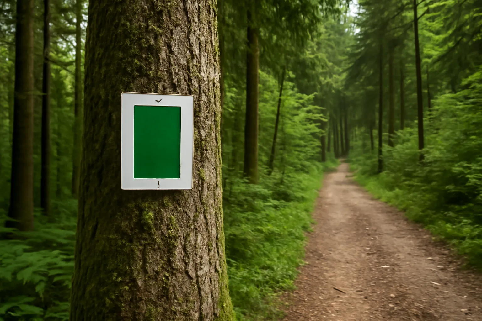 Balise de sentier rectangle vert sur un tronc en forêt dense des Ardennes belges