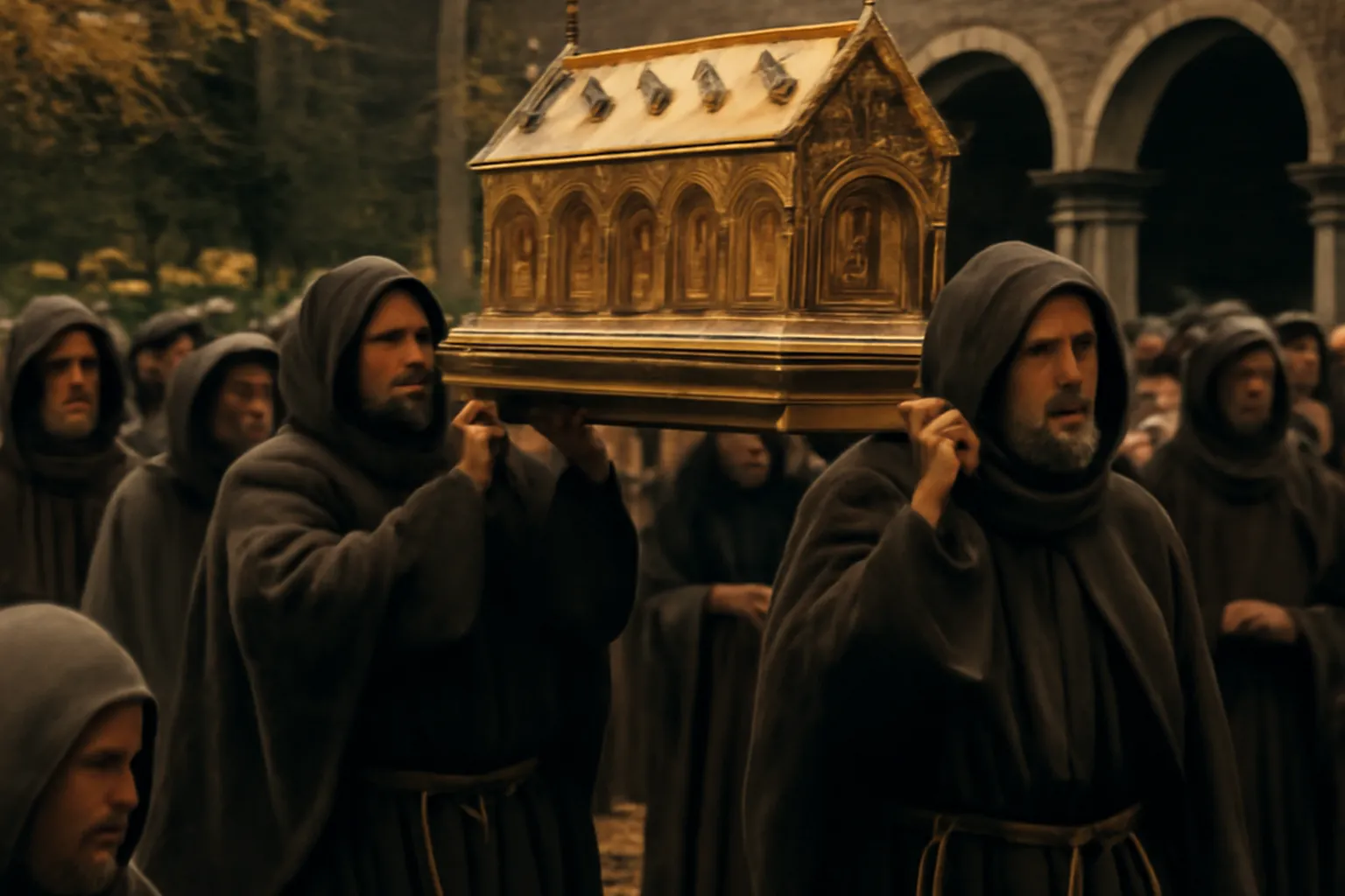 Fidèles en procession lors de la vénération des reliques à Saint-Hubert