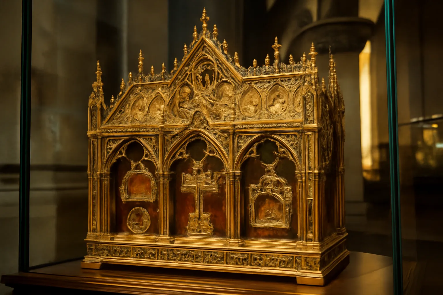 Reliquaire gothique orné exposé dans le trésor d'une église, orfèvrerie médiévale précieuse