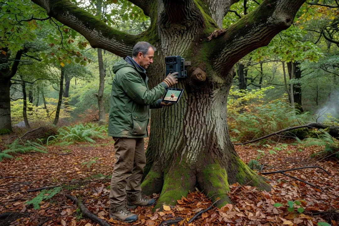 Garde forestier vérifiant une caméra de surveillance de la faune sur un tronc en forêt ardennaise