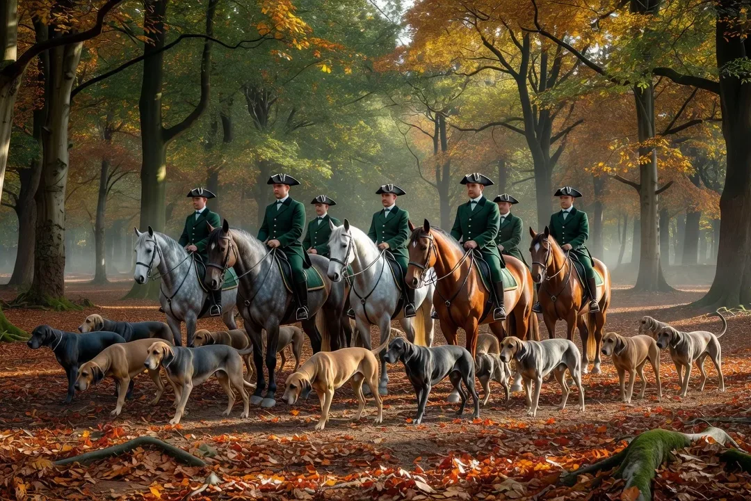 Équipage de vénerie à cheval avec meute de chiens courants dans une clairière forestière des Ardennes belges