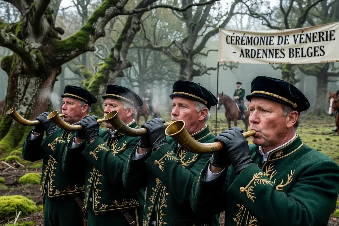 Cavaliers de vénerie en livrée traditionnelle sonnant de la trompe de chasse ensemble