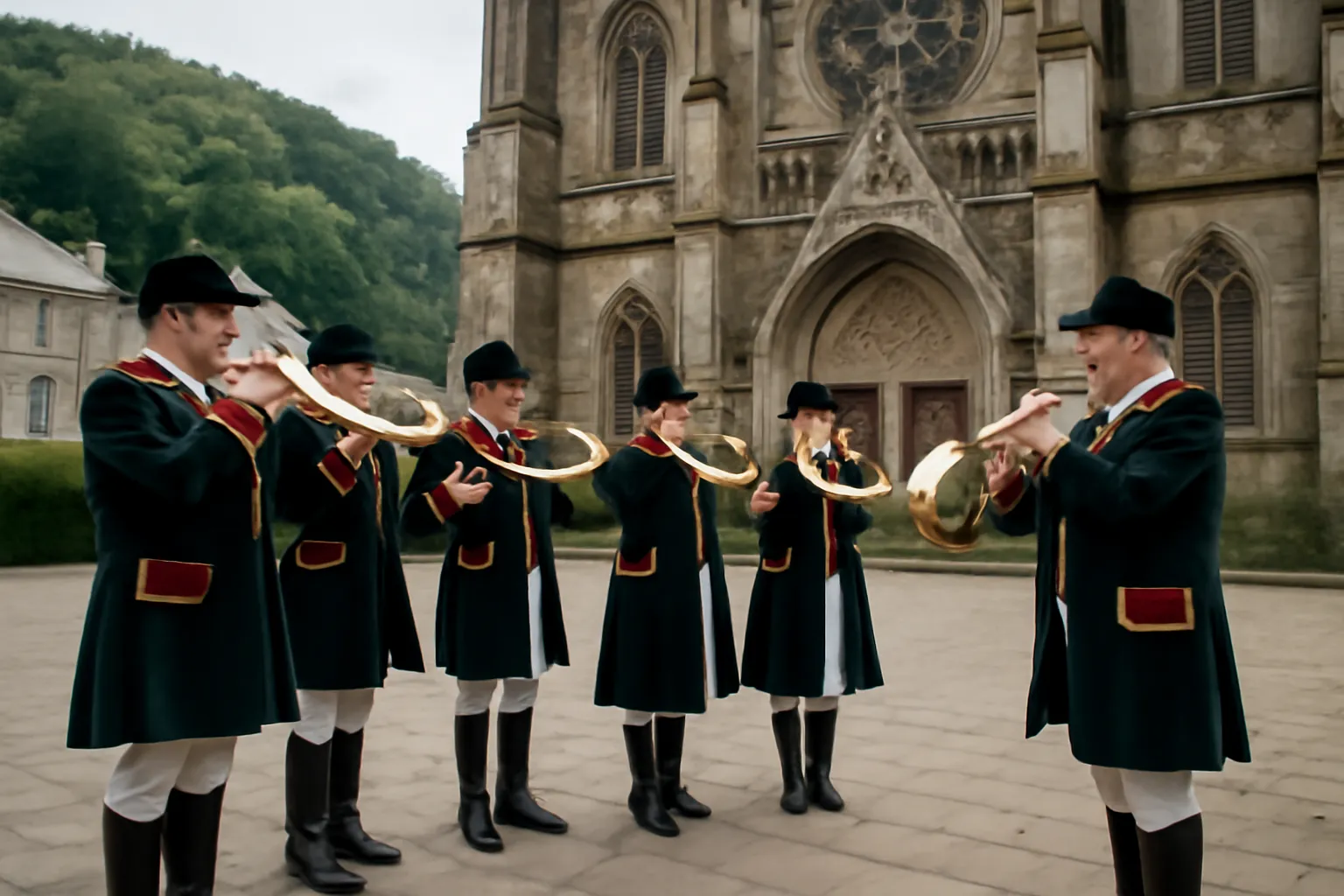 Groupe de sonneurs de trompe en livrée traditionnelle jouant devant une façade de basilique gothique en Ardennes belges